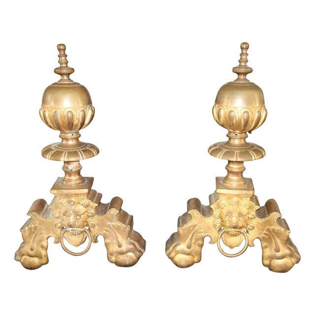 Continental Antique Doré Bronze Andirons with Lion Motifs - A Pair For Sale