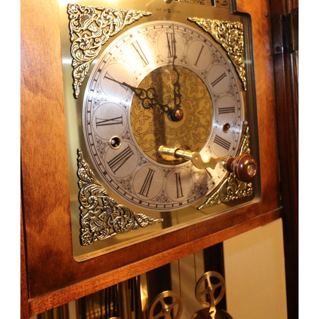 Chestnut Howard Miller 68th Anniversary Grandfather Clock – Windsor Cherry – Illuminated Moon Dial – Unused For Sale - Image 8 of 14