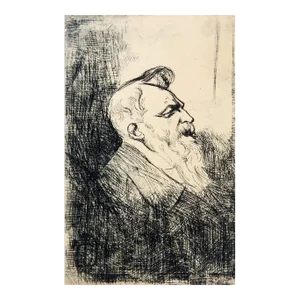 Small Vintage Pen & Ink Portrait of Bearded Man Drawing