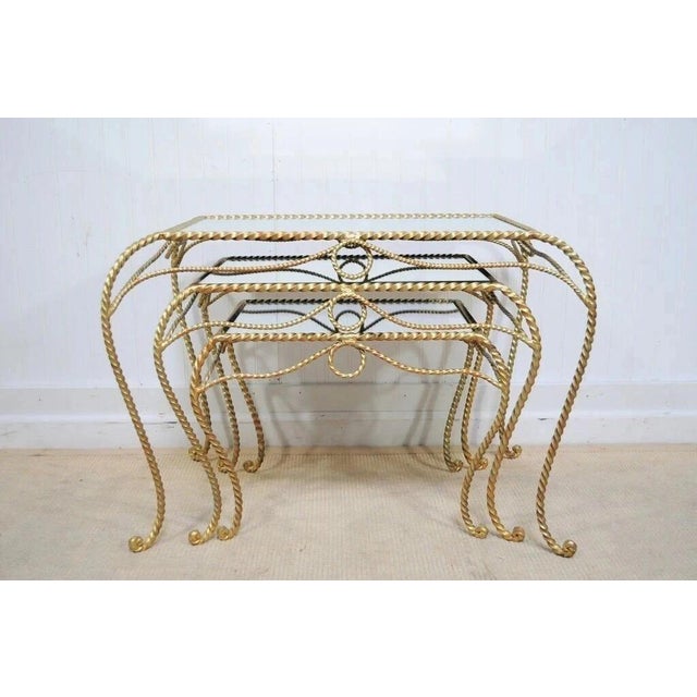 Vintage Italian Hollywood Regency Gold Rope Mirror Top 3 Pc Nesting Side Tables For Sale - Image 10 of 12