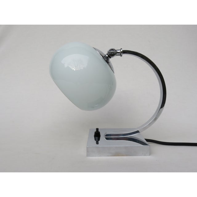 Small Vintage Art Deco Chrome-Plated Table Lamp with a White Glass Diffuser For Sale - Image 3 of 14