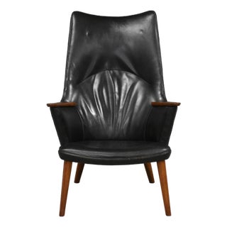 1960s Hans J. Wegner Black Leather Mama Bear Chair For Sale