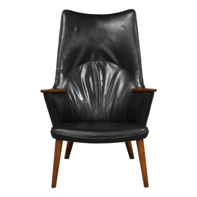 1960s Hans J. Wegner Black Leather Mama Bear Chair For Sale