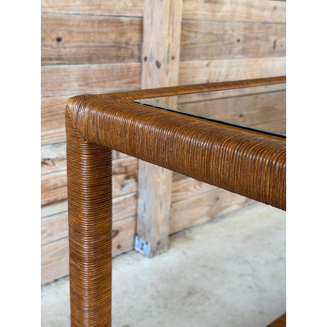 Modern Coastal Rattan Wrapped Two-Tier Console Table With Glass Shelves For Sale - Image 4 of 12