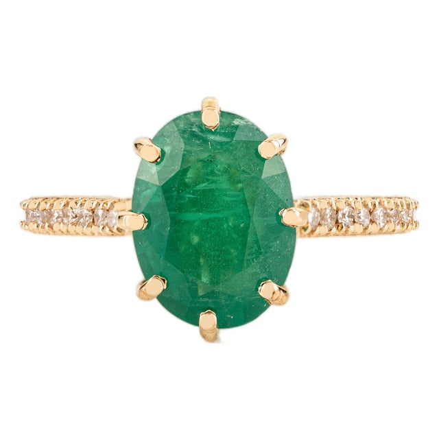 Antique 8 Prong Set 2.68 Ct Emerald Diamond Ring in 14k Gold Size 6.5 For Sale