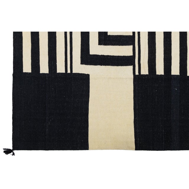 Native American Modern Navajo Style Hand-Woven Wool Flat-Weave Area Rug in Black & Ivory For Sale - Image 3 of 9