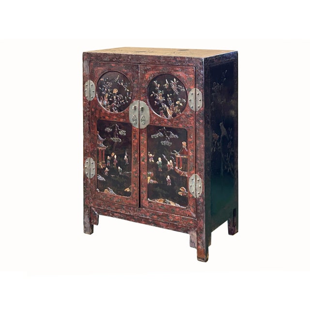 Vintage Chinoiseries Brick Red & Stone Inlay Graphic Credenza Cabinet For Sale - Image 4 of 11