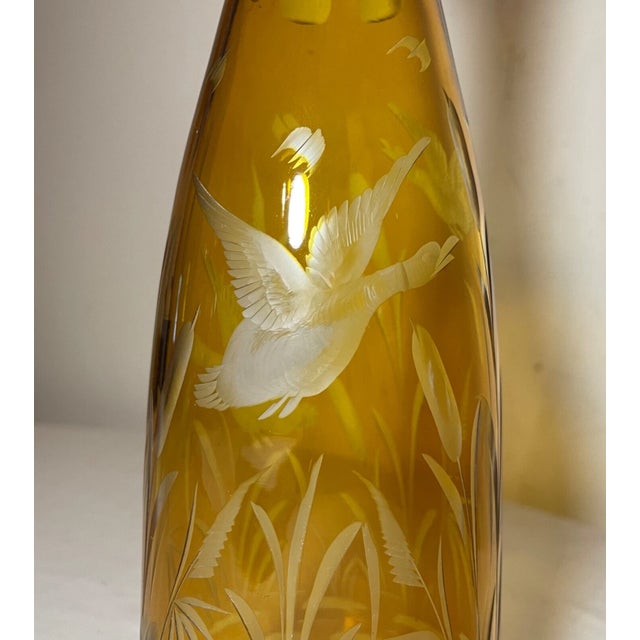 Antique Yellow Cut to Clear Czech Bohemian Crystal Glass Liquor Decanter Bottle For Sale - Image 9 of 13
