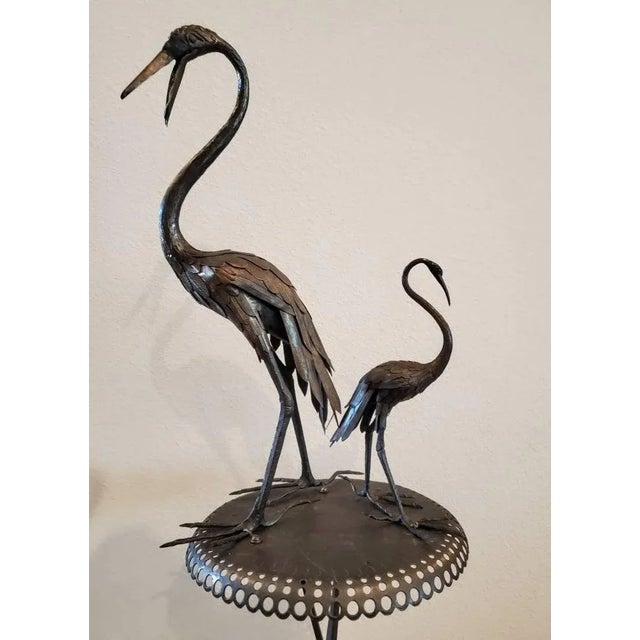 Mid 20th Century 1940s French Mid-Century Japanesque Bronze Crane Bird Sculptures on Wrought Iron Pedestal - Zen Garden Statue For Sale - Image 5 of 11