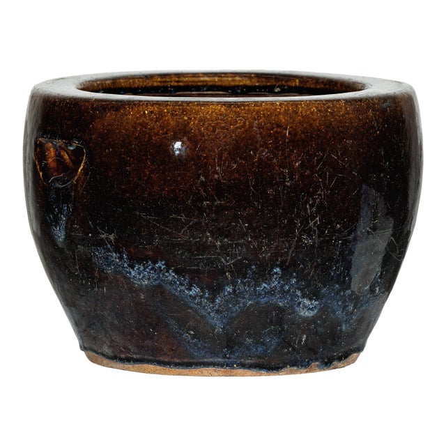 Vintage Brown and Blue Glazed Chinese Stoneware Planter with Rounded Lip For Sale