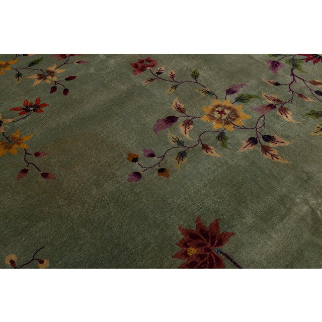 Antique 1920s Art Deco Chinese Nichols Rug in Sage Green & Plum Floral Design For Sale - Image 12 of 12
