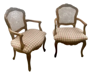 French Provincial Louis XV Style Cane Back With Plaid Upholstery Chair, a Pair