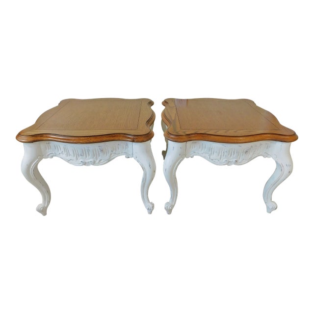 Vintage Mid Century Solid Wood Carved & Painted Side/End Tables - a Pair For Sale
