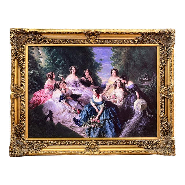 European Salon Scene Wall Art – Elegant Ladies in Conversation With Ornate Gold Leaf Frame For Sale