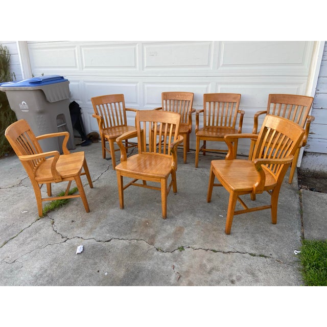 Wood Vintage Mid Century Modern Jasper Seating Co Furniture Bankers Golden Oak Chair Set of 7 For Sale - Image 7 of 12