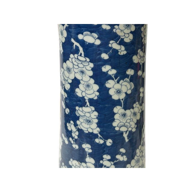 Ceramic Vintage Chinese Blue White Blossom Wide Mouth Column Porcelain Vase For Sale - Image 7 of 9