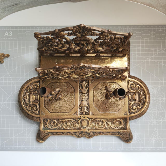 Metal Antique Italian Neo-Baroque Style Letter and Writing Accessory Stand: A Double Pen Holder and a Paper Tray For Sale - Image 7 of 14