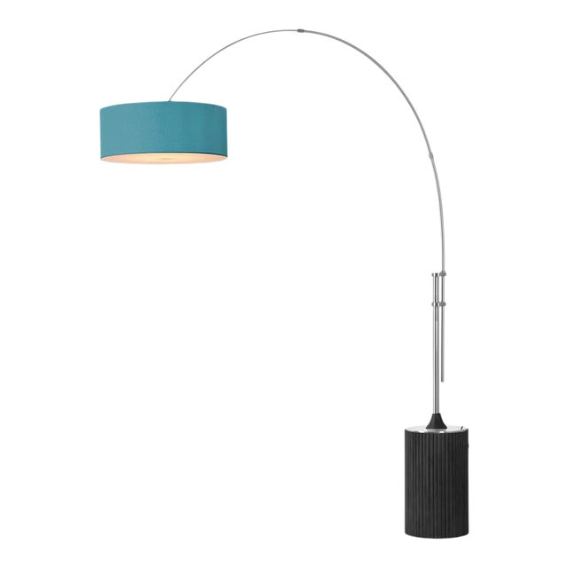 1980s Tambo 92"h 1-Light Arc Lamp, Turquoise Linen Shade, Black Oak Base, Satin Nickel, Dimmable, for Living Room or Bedroom For Sale