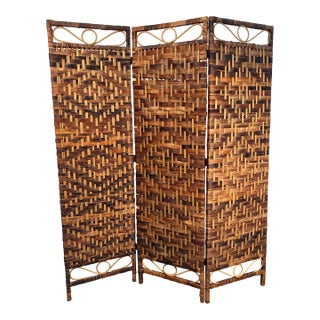 Vintage Mid-Century Modern Bamboo and Rattan Three-Panel Folding Screen For Sale
