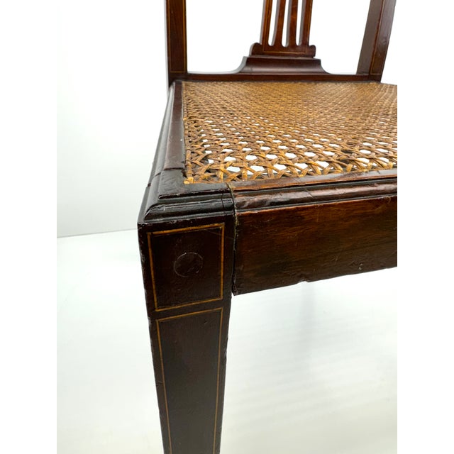 Rustic European Antique Federal Style Mahogany Chair With Cane Seat and Shield Back Detail For Sale - Image 3 of 12