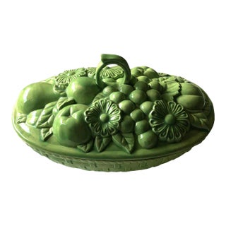 Lime Green Majolica Inspired Oval Fruit Bowl With Lid For Sale