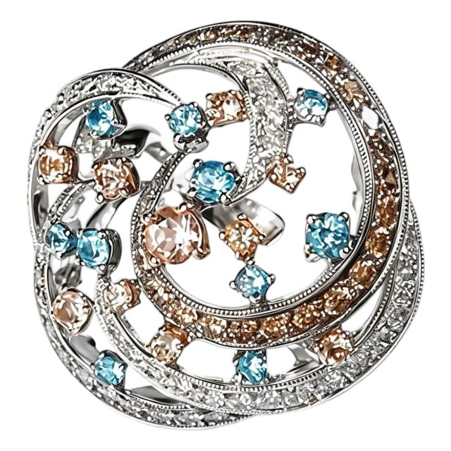 Late 20th Century 18K White Gold Brown Diamond Aquamarine Morganite Huge Ring, Size 7.5 For Sale