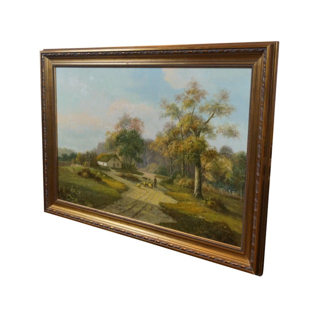 Impressionist L Stepano European 20thC Pastoral Landscape Oil Painting Sheep Farm Cottage 42" For Sale - Image 3 of 12