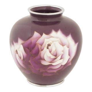 Japanese Cloisonne Enamel Vase Ando Signed Purple Ground Roses For Sale
