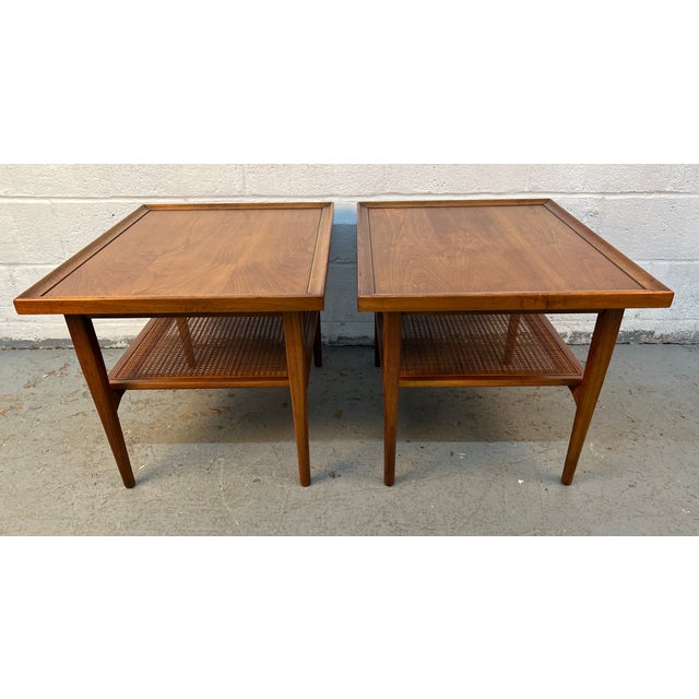 Brown Mid-Century Walnut and Cane Drexel Declaration End Tables by Kipp Stewart For Sale - Image 8 of 14