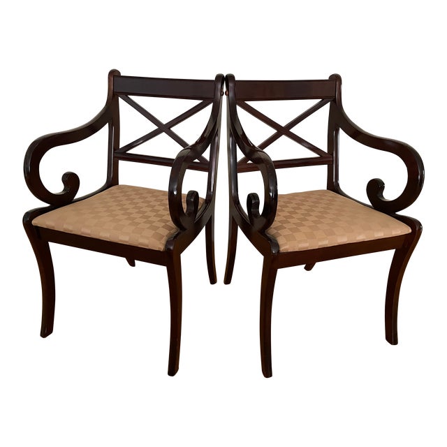 1960s Modern Scroll-Arm, Cross-Back Armchairs, Set of 2 For Sale