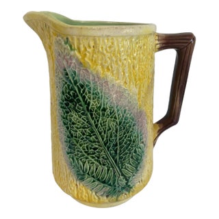 19th Century English Majolica Pitcher With Leaves For Sale