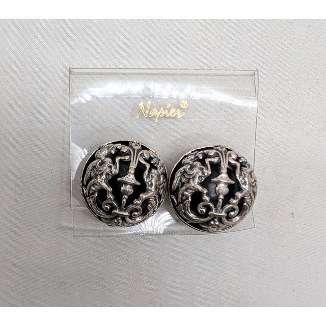 Metal Vintage 1972 Signed Napier Silvertone Round Domed Griffin Clip Earrings-2 Pieces For Sale - Image 7 of 8