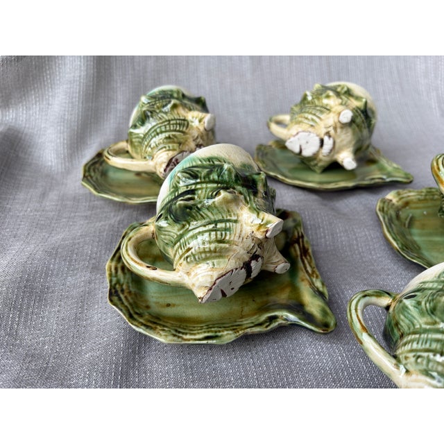Mediterranean Vintage Majolica Style Shell Cup and Saucers Set of 9 Pieces For Sale - Image 3 of 17
