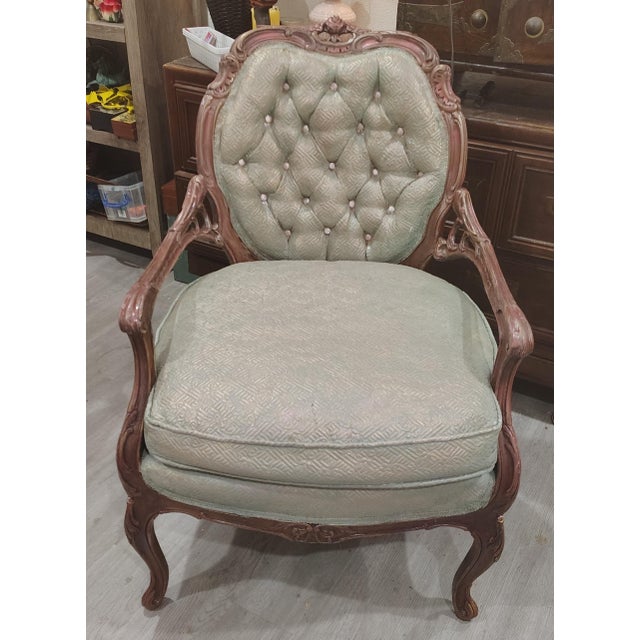 Light Green Antique Hand Carved Victorian Sofa and Chair For Sale - Image 8 of 17