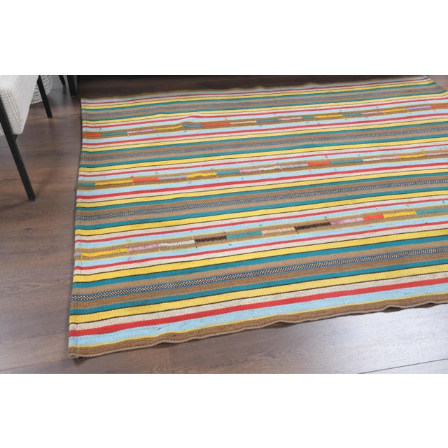 Vintage Turkish Oushak Handmade Wool Cotton Green Kilim Area Rug For Sale - Image 4 of 11