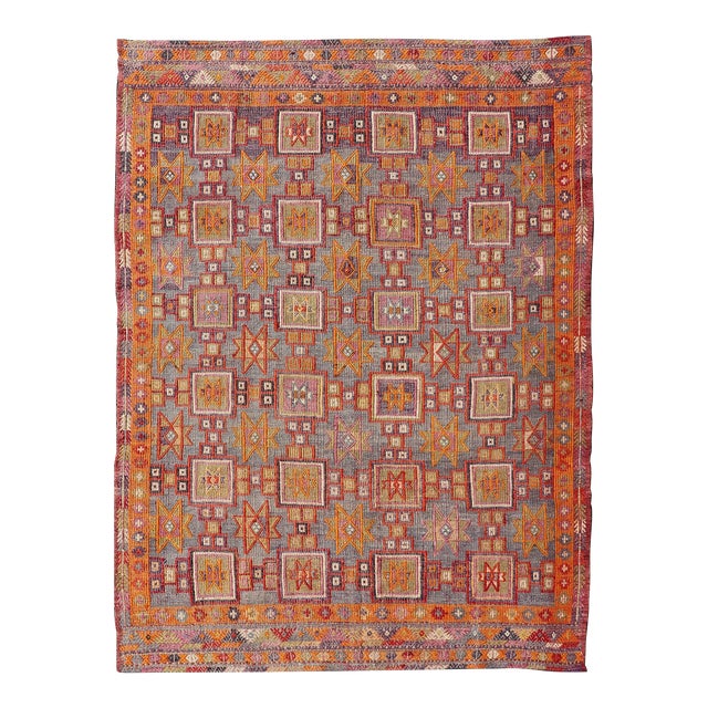 Vintage Turkish Kilim Rug With Intricate Geometric Motifs and Vibrant Hues 6'0 X 8'4 For Sale