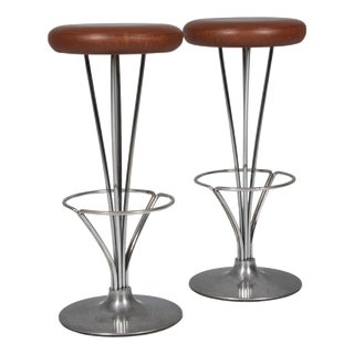 Vintage Bar Stools in Leather by Piet Hein for Fritz Hansen, 1960s, Set of 2 For Sale