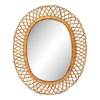 Mid-Century Rattan and Bamboo Oval Wall Mirror by Franco Albini. Italy, 1960s For Sale