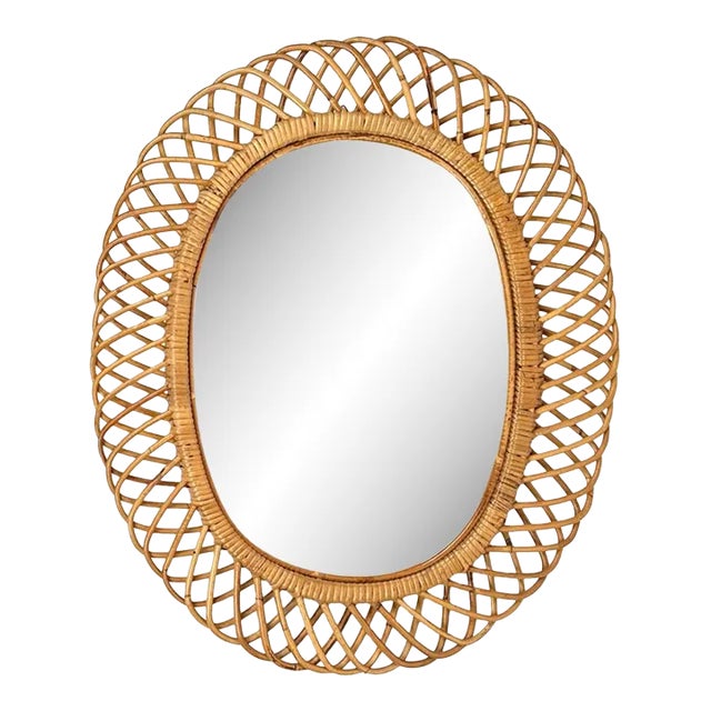 Mid-Century Rattan and Bamboo Oval Wall Mirror by Franco Albini. Italy, 1960s For Sale