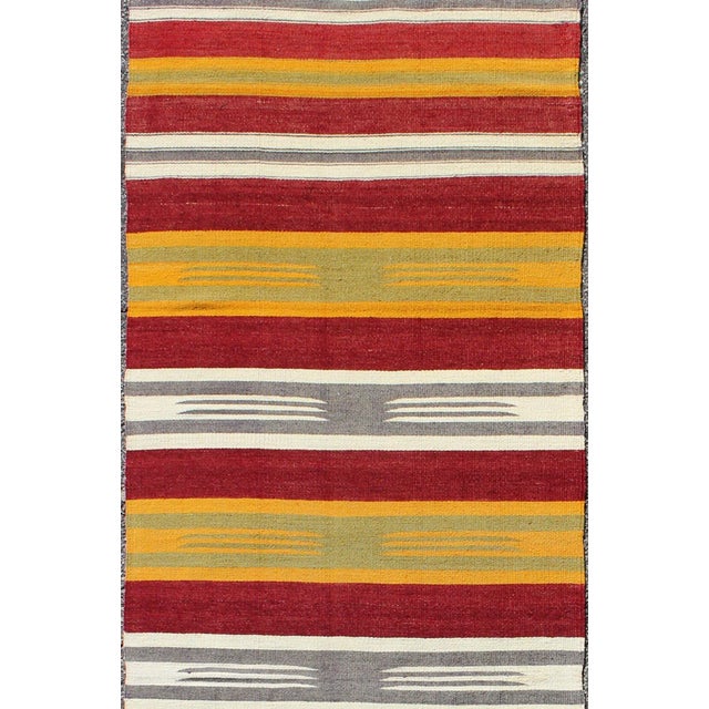 Tribal Mid 20th Century Mid 20th Century Vintage Turkish Kilim Runner With Stripes in Red Green Yellow Ivory and Gray For Sale - Image 3 of 8