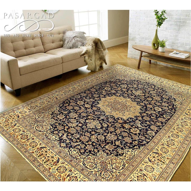 Pasargad DC Navy Handmade Nain Silk & Wool Rug For Sale - Image 4 of 4