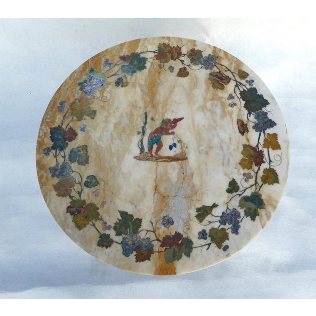 Gold Antique French-Italian Wrought Iron Coffee Tablr witn Pietra Dura Marble Top and Pattern of Vignes and Cherub, 1890s For Sale - Image 8 of 18