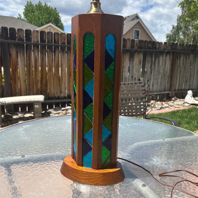 Mid-Century Modern Mid Century Modern Walnut Stained Glass Table Lamp For Sale - Image 3 of 6
