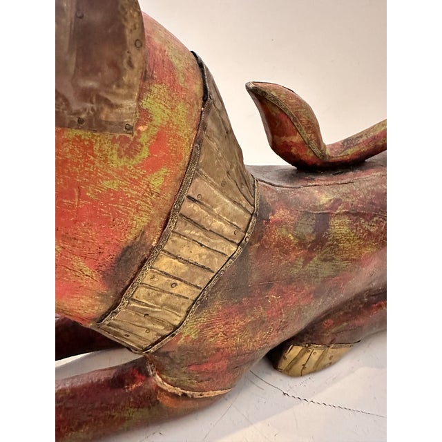 Red Hand-Carved Wooden Feline Sculpture With Metal Detailing For Sale - Image 8 of 12