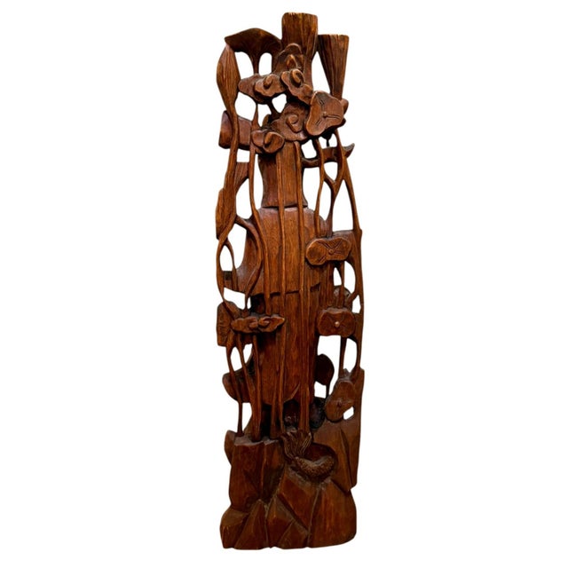 Vintage Chinese Carved Wood Guanyin Kuan Yin Lotus Birds Sculpture 23.75" For Sale - Image 4 of 15