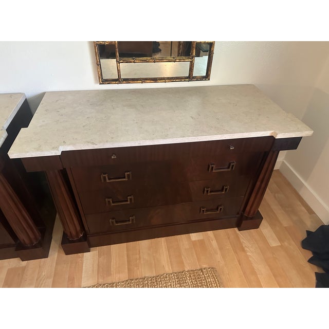 Neoclassical Pair of Baker Furniture Neoclassical Mahogany Chests With Original Stone Tops & Brass-Tone Hardware For Sale - Image 3 of 14