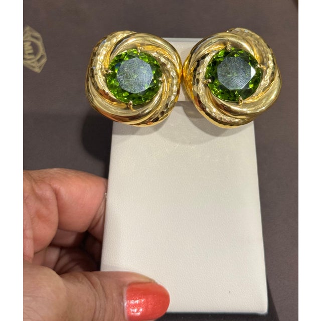 30Ct Natural Round Peridot Earrings by Andrew Clunn in 18 Kt Hammered Gold, Clip For Sale - Image 4 of 18