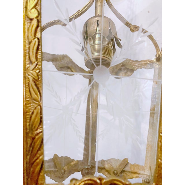 Traditional Vintage Bronze Lantern With Etched Glass Panels For Sale - Image 3 of 8