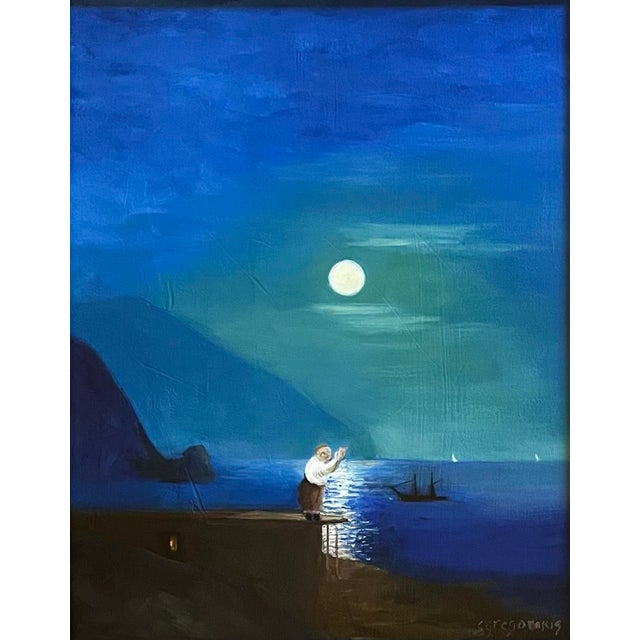 Oil painting on canvas board of a gentleman standing on the roof of his house, reading a letter under the moonlight....