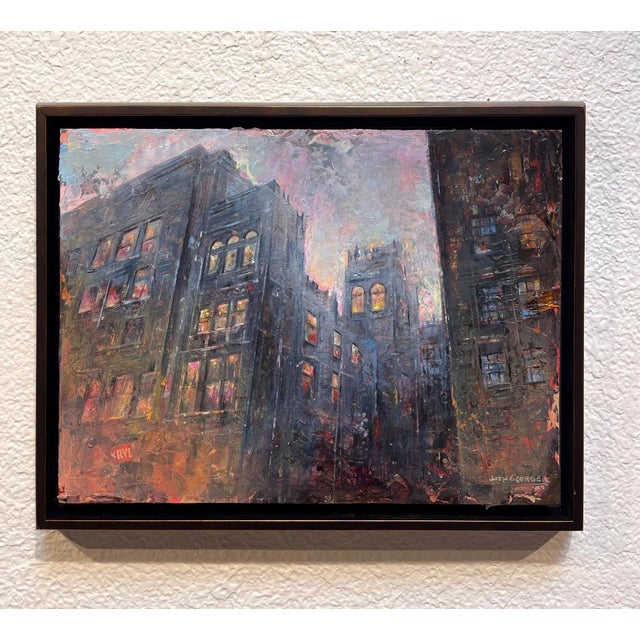 The artwork depicts an urban landscape at twilight, where towering buildings loom under a moody sky, bathed in shades of...